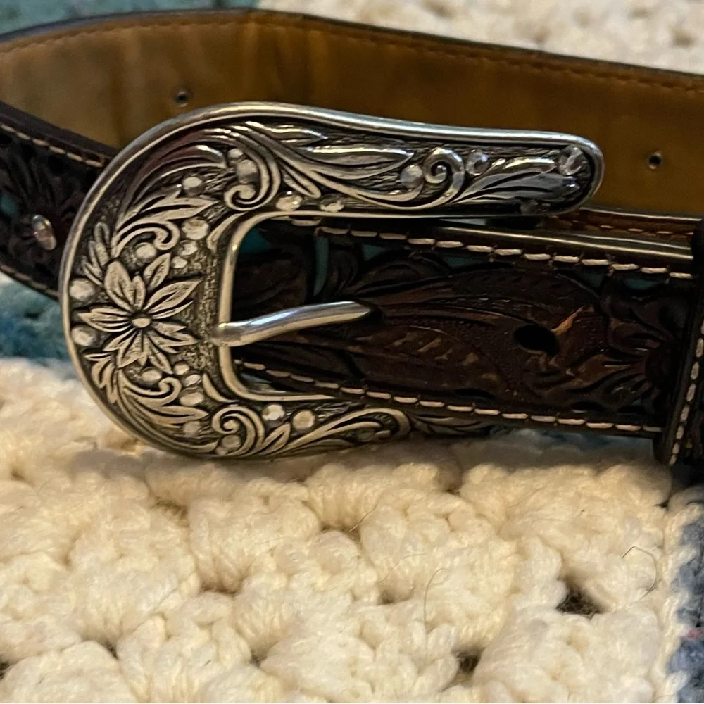 Ariat Children's Western Floral Belt Brown & Turquoise Tooled Overlay S/M 20